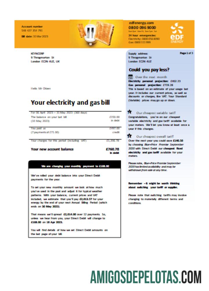 SCR da fatura de serviços públicos da EDF (Reino Unido) Página 1 modelo